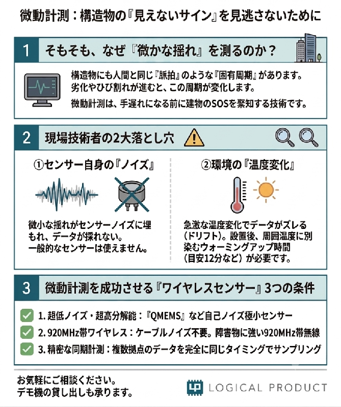 【技術ブログ】肉眼で見えない建物の揺れを測る「微動計測」——失敗しないセンサー選定と現場の落とし穴
